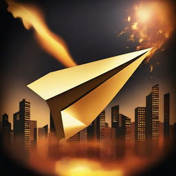 A solid gold paper airplane floating away from a burning city