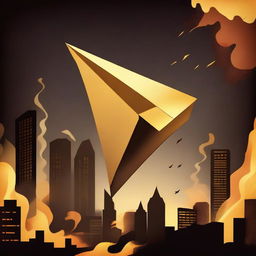 A solid gold paper airplane floating away from a burning city