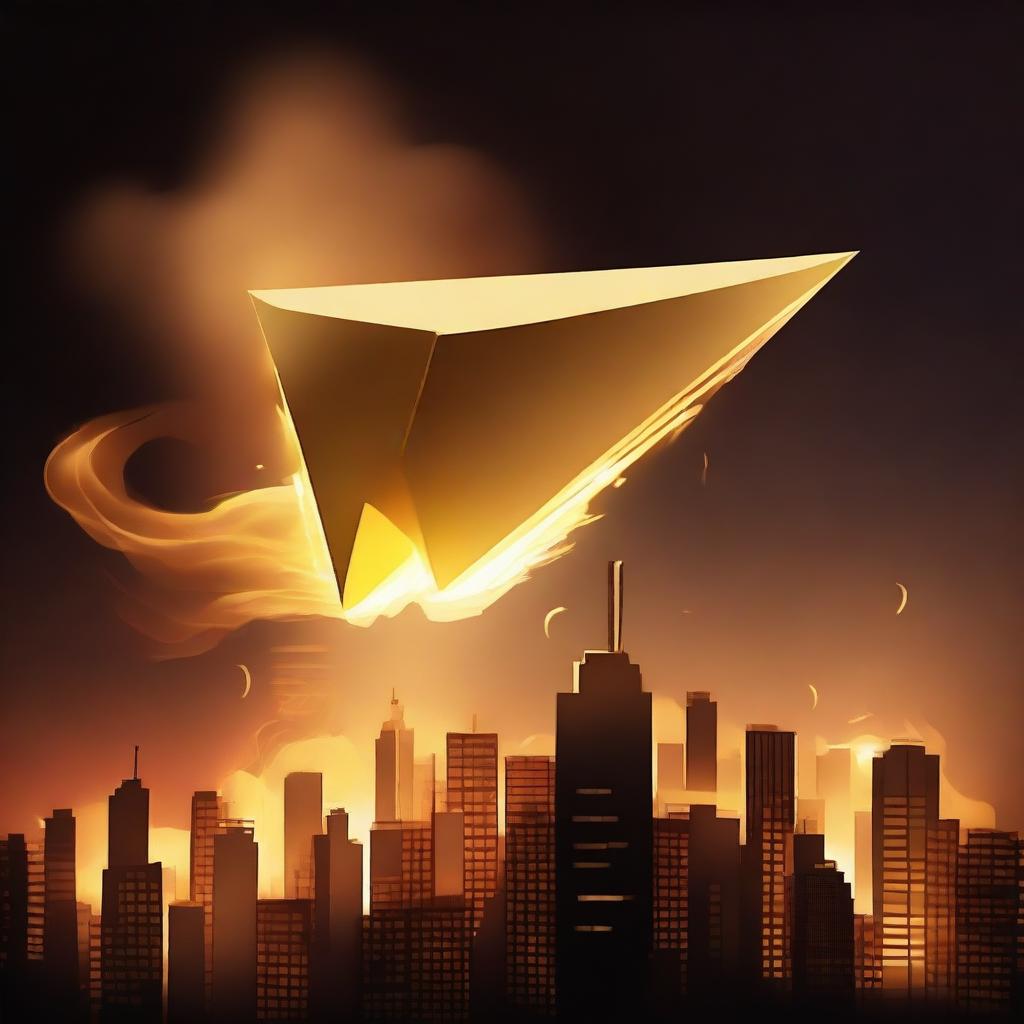 A solid gold paper airplane floating away from a burning city