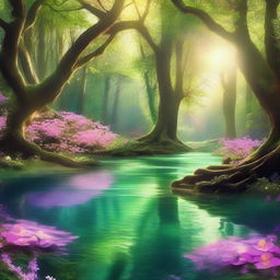 A serene scene of a magical spring in the middle of a lush forest