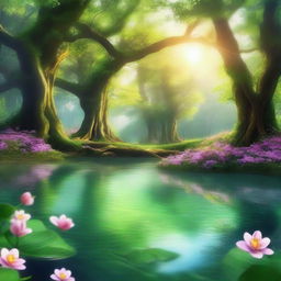 A serene scene of a magical spring in the middle of a lush forest