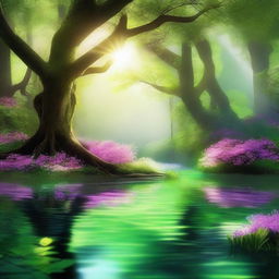 A serene scene of a magical spring in the middle of a lush forest