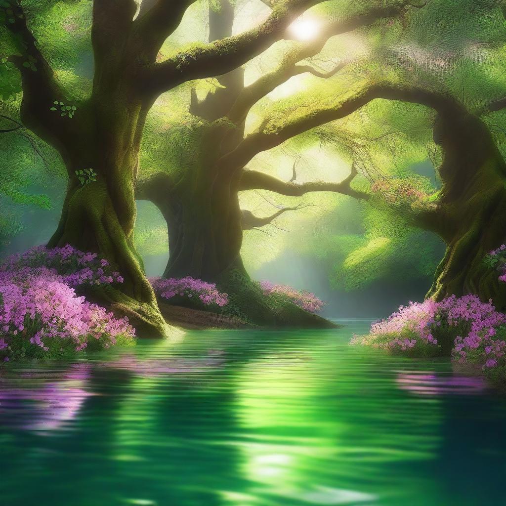 A serene scene of a magical spring in the middle of a lush forest