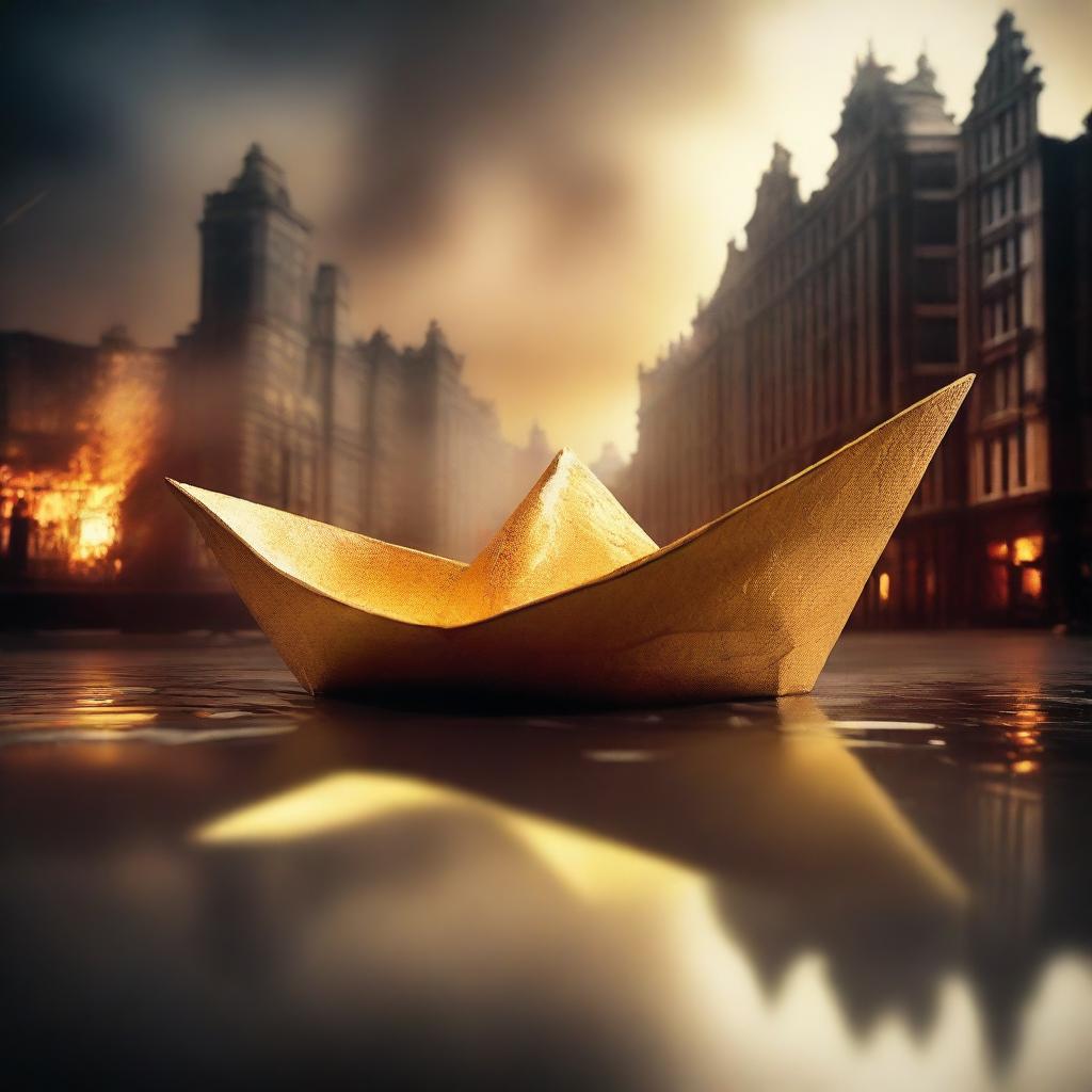 A solid gold paper boat floating in a small puddle amidst a burning city