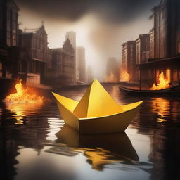 A solid gold paper boat floating in a small puddle amidst a burning city