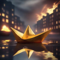 A solid gold paper boat floating in a small puddle amidst a burning city