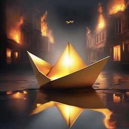 A solid gold paper boat floating in a small puddle amidst a burning city