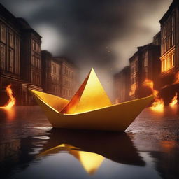 A solid gold paper boat floating in a small puddle amidst a burning city