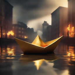 A solid gold paper boat floating in a small puddle amidst a burning city