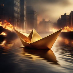 A solid gold paper boat floating in a small puddle amidst a burning city