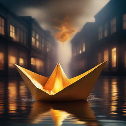 A solid gold paper boat floating in a small puddle amidst a burning city