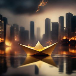 A solid gold paper boat floating in a small puddle amidst a burning city