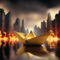 A solid gold paper boat floating in a small puddle amidst a burning city