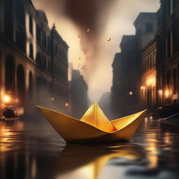 A solid gold paper boat floating in a small puddle amidst a burning city