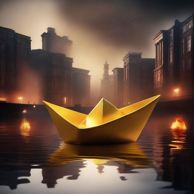 A solid gold paper boat floating in a small puddle amidst a burning city