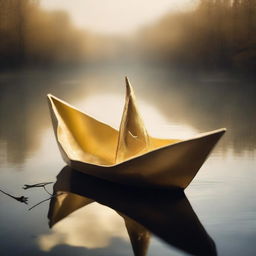 A solid gold paper boat floating in a river of souls