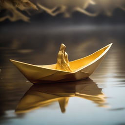 A solid gold paper boat floating in a river of souls