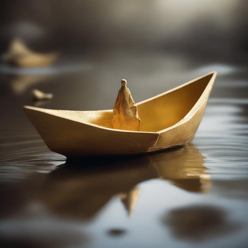 A solid gold paper boat floating in a river of souls