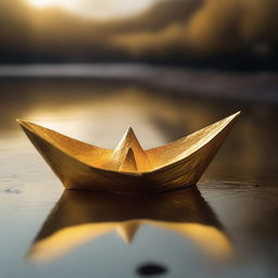 A solid gold paper boat floating in a river of souls