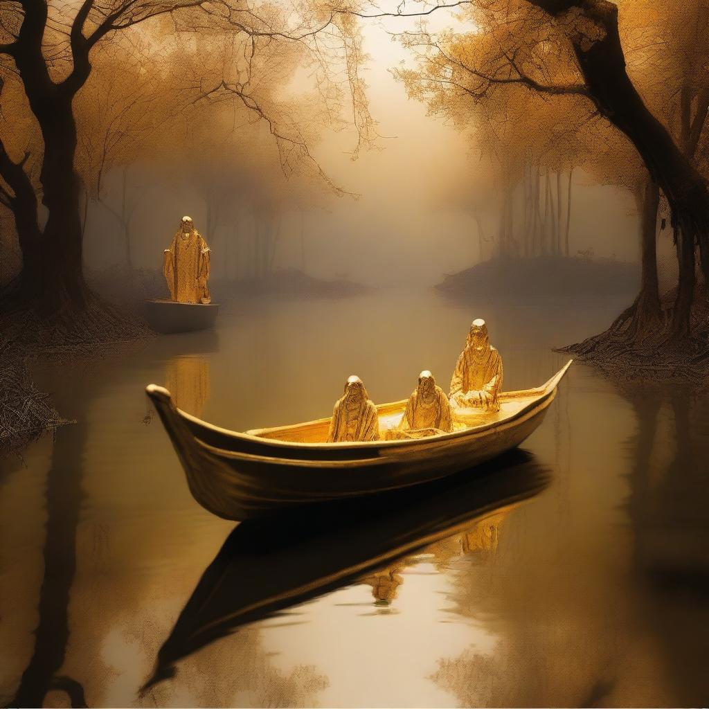 A solid gold boat floating in a river of souls