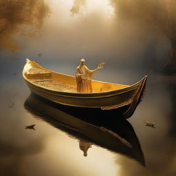 A solid gold boat floating in a river of souls