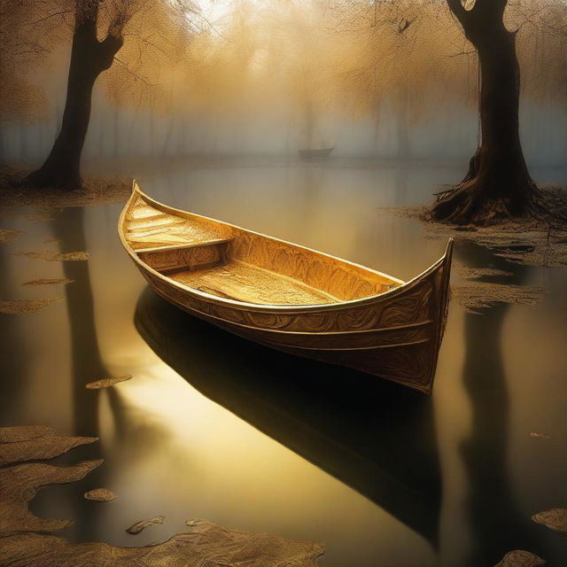 A solid gold boat floating in a river of souls