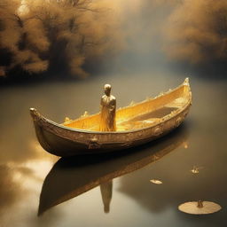 A solid gold boat floating in a river of souls