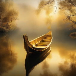 A solid gold boat floating on a lake full of souls