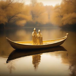 A solid gold boat floating on a lake full of souls