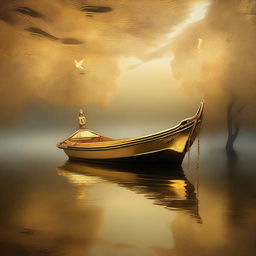 A solid gold boat floating on a lake full of souls