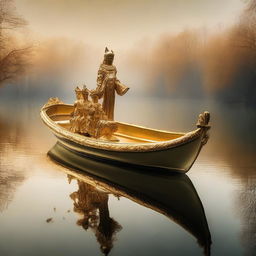 A solid gold boat floating on a lake full of souls