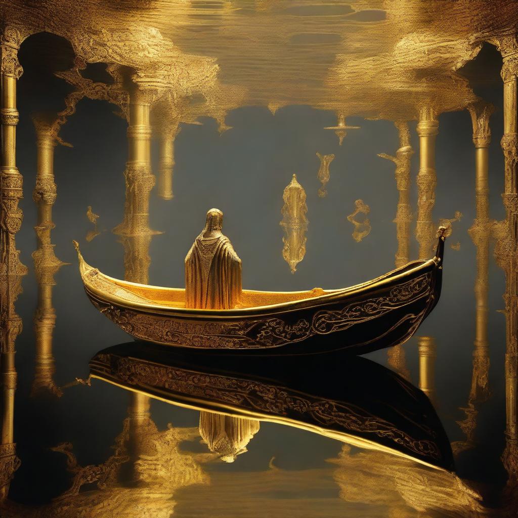 A solid gold boat floating on a lake full of souls in Hades