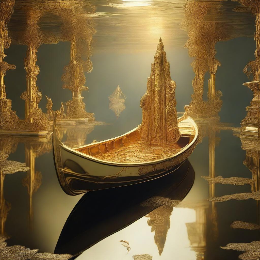 A solid gold boat floating on a lake full of souls in Hades