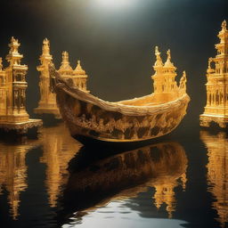 A solid gold boat floating on a lake full of souls in Hades