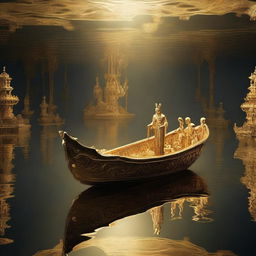 A solid gold boat floating on a lake full of souls in Hades