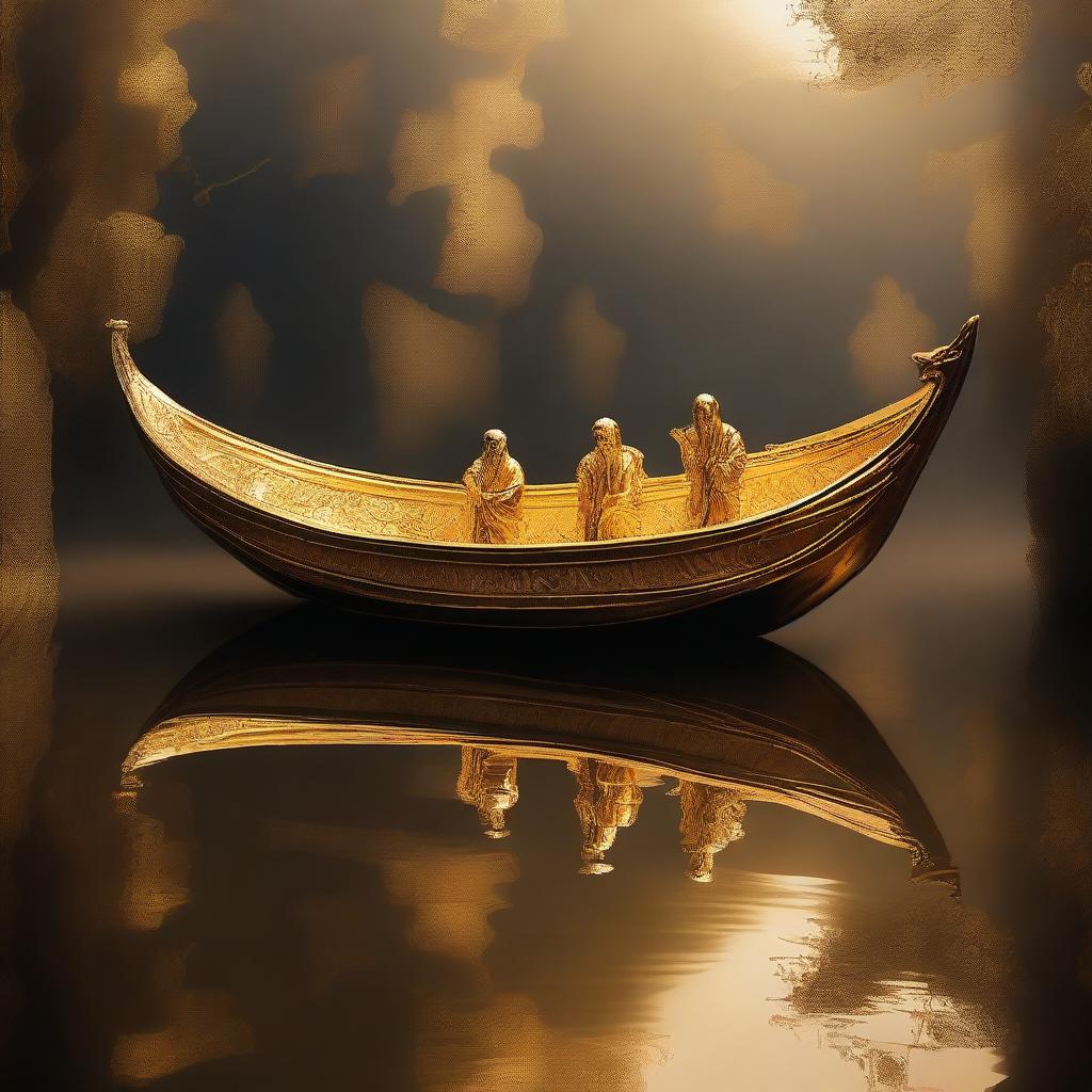 A solid gold boat floating on the River Styx