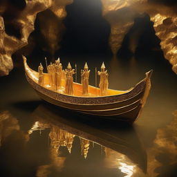 A solid gold boat floating on the River Styx