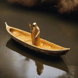 A solid gold boat floating on the River Styx