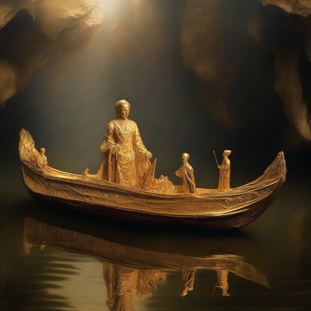 A solid gold boat floating on the River Styx