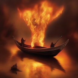 A solid gold boat floating on the River Styx, surrounded by fire