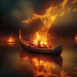 A solid gold boat floating on the River Styx, surrounded by fire