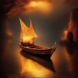 A solid gold boat floating on the River Styx, surrounded by fire