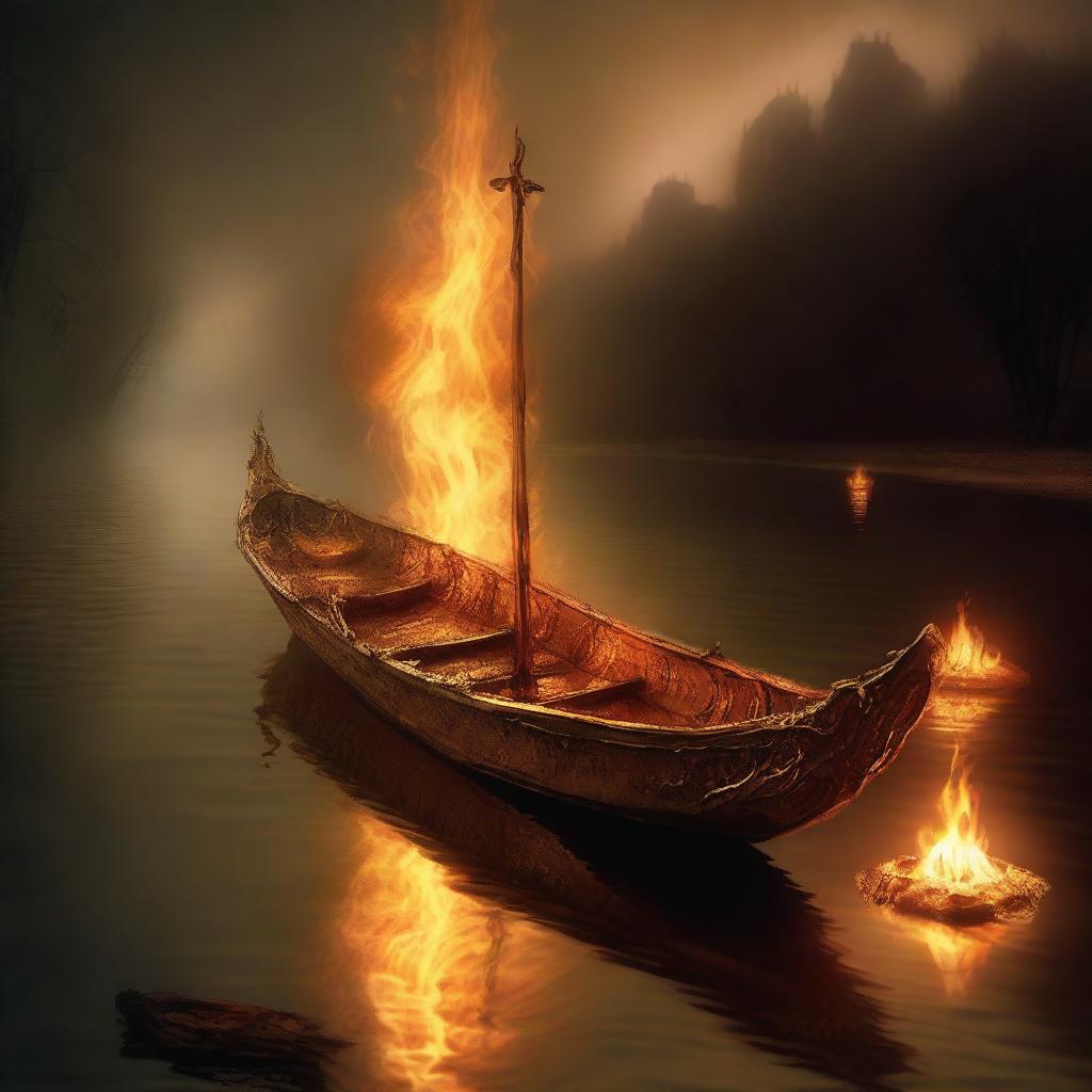 A solid gold boat floating on the River Styx, surrounded by fire