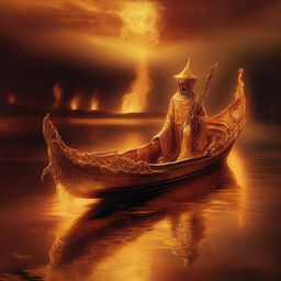 A solid gold boat floating on the River Styx, surrounded by fire