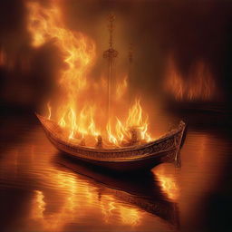 A solid gold boat floating on the River Styx, surrounded by fire