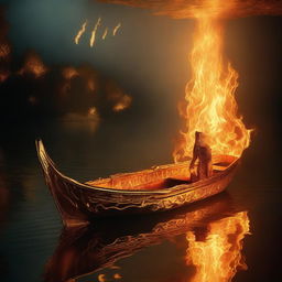 A solid gold boat floating on the River Styx, surrounded by fire