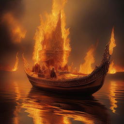 A solid gold boat floating on the River Styx, surrounded by fire