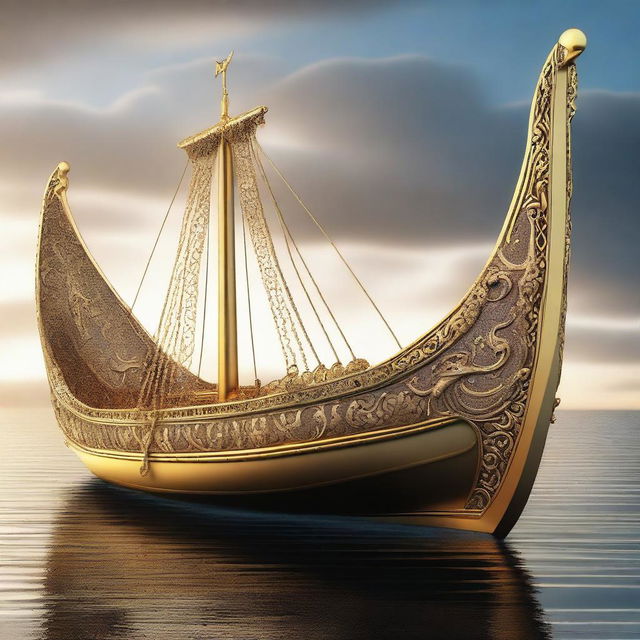 A solid gold Viking longboat displayed prominently