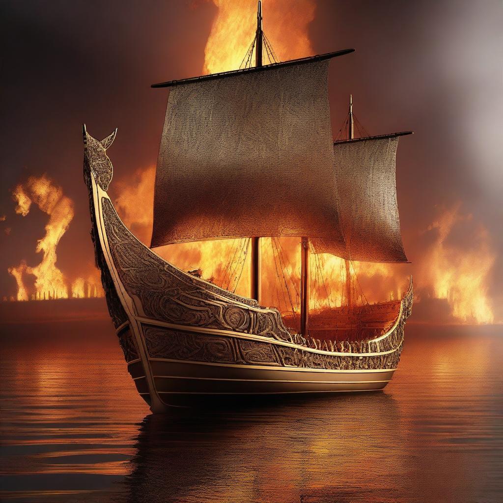 A solid gold Viking longboat surrounded by fire