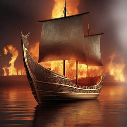 A solid gold Viking longboat surrounded by fire